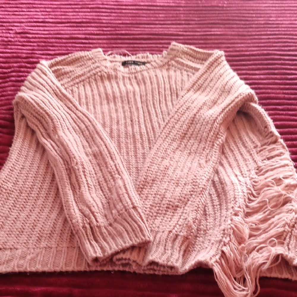 Love Tree Blush Pink Fringe Crewneck Sweater